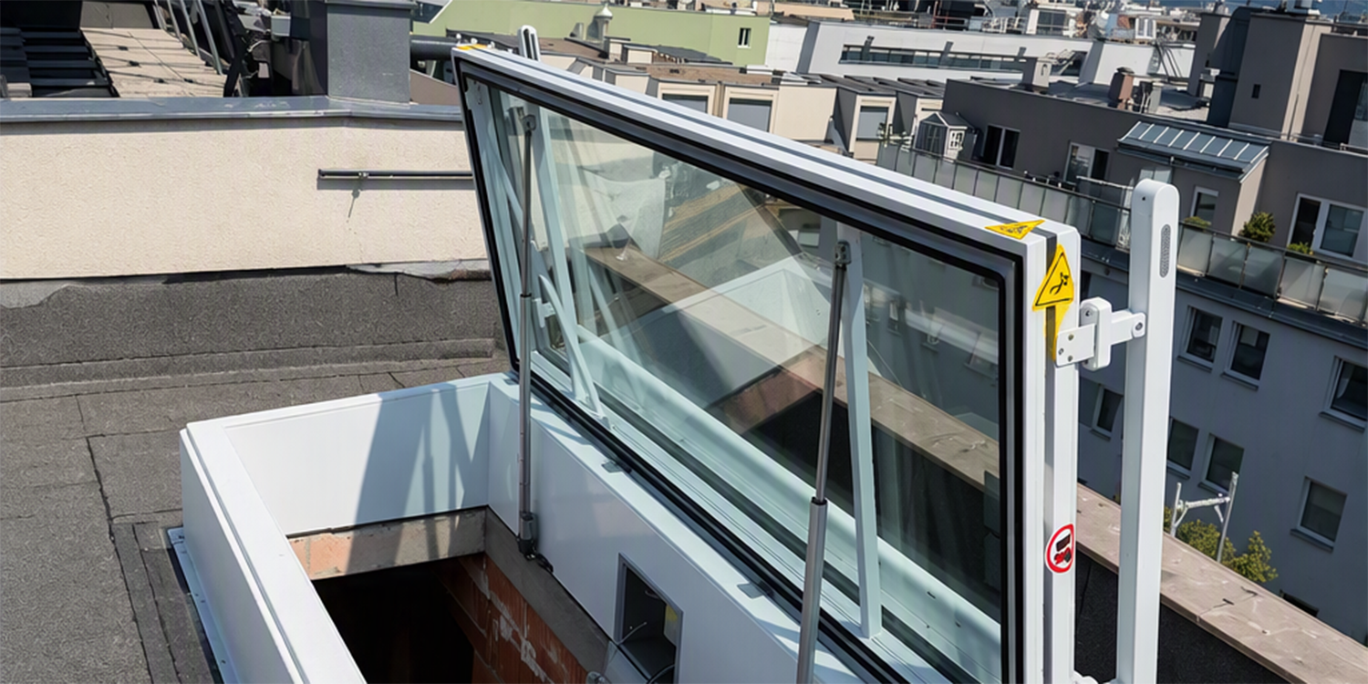 Side view of top part of access hatch open with integrated blind