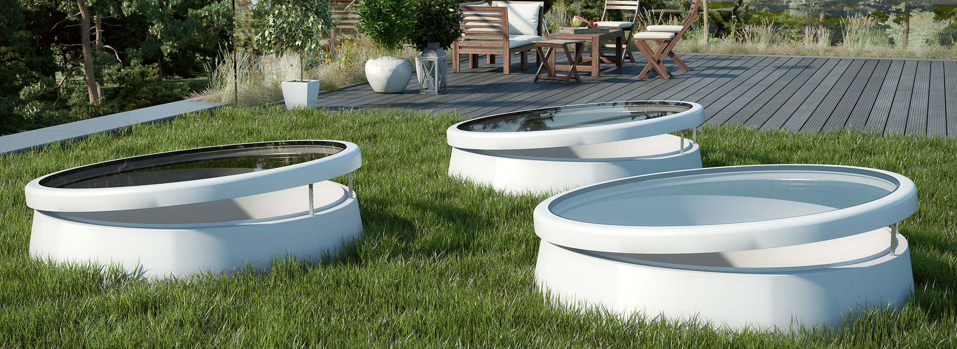 3 circular rooflights on green roof