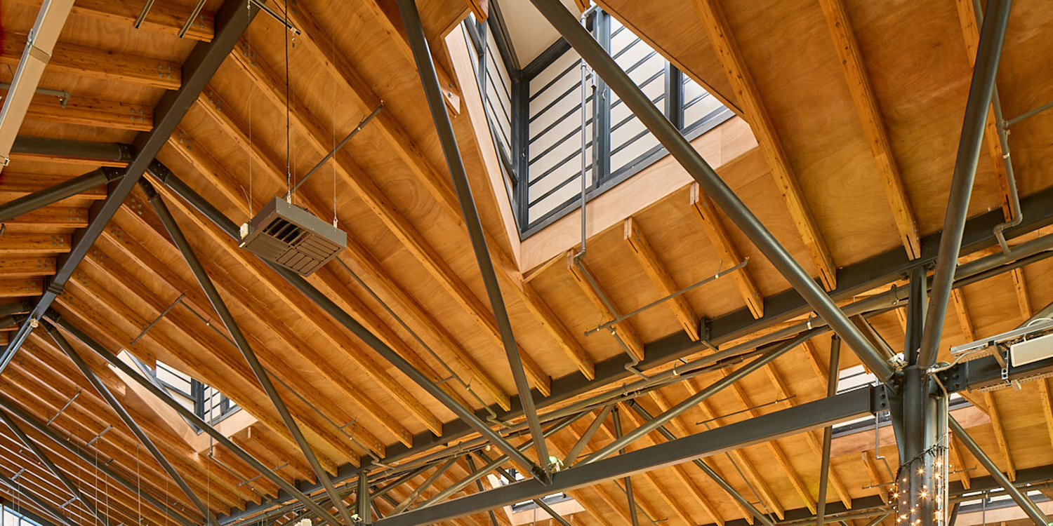 Row of rooflights looking up from inside of building
