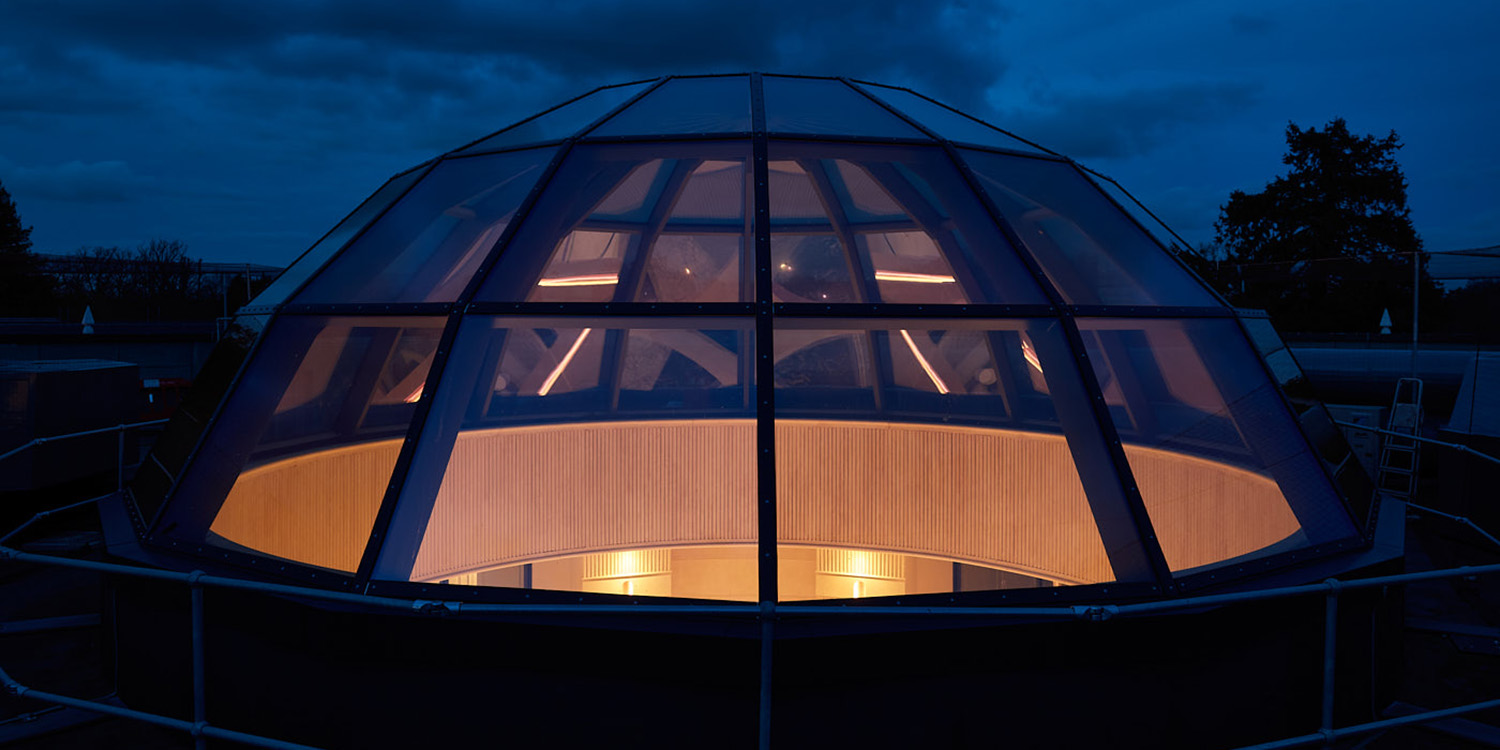 rooflight in the dark with lights on inside