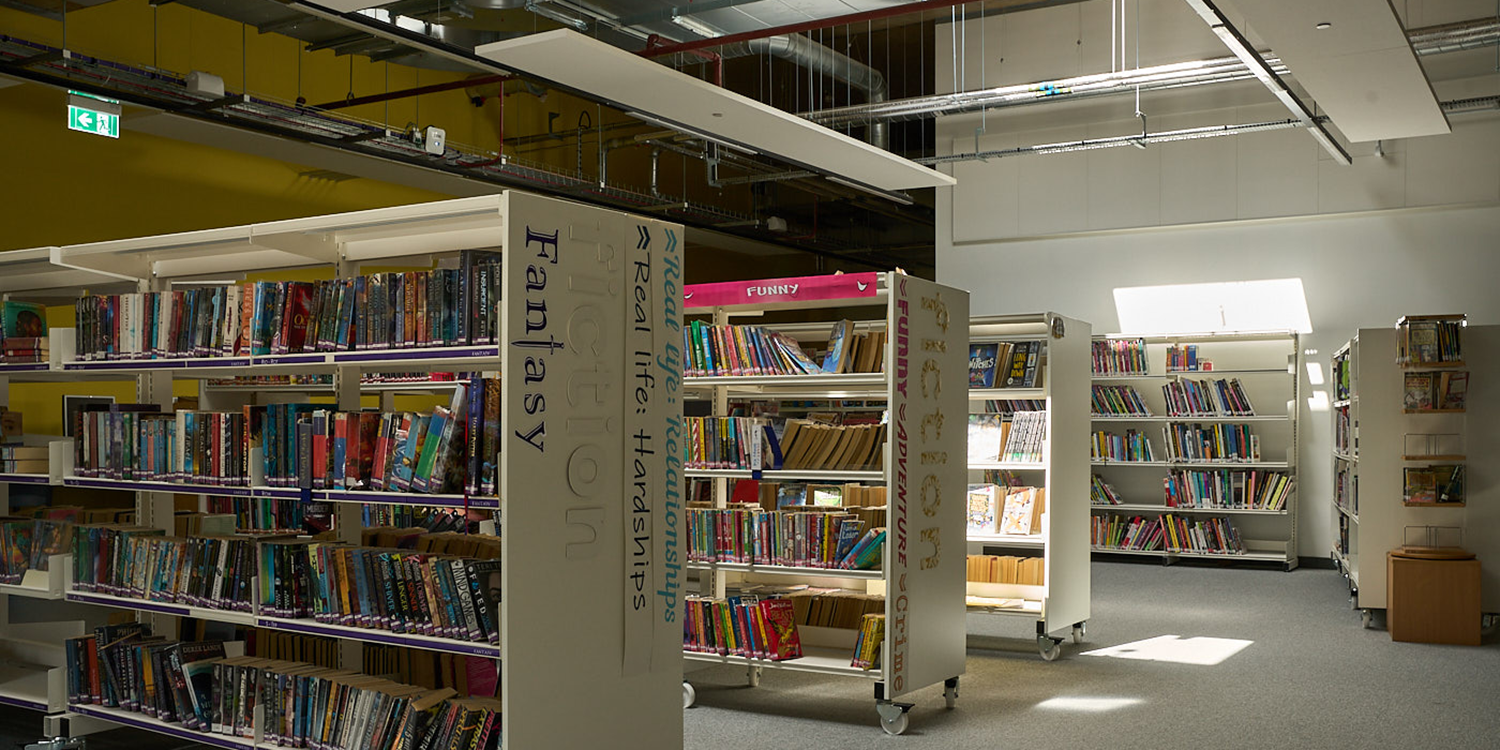 Library area with daylight entering to highlight books on shelves