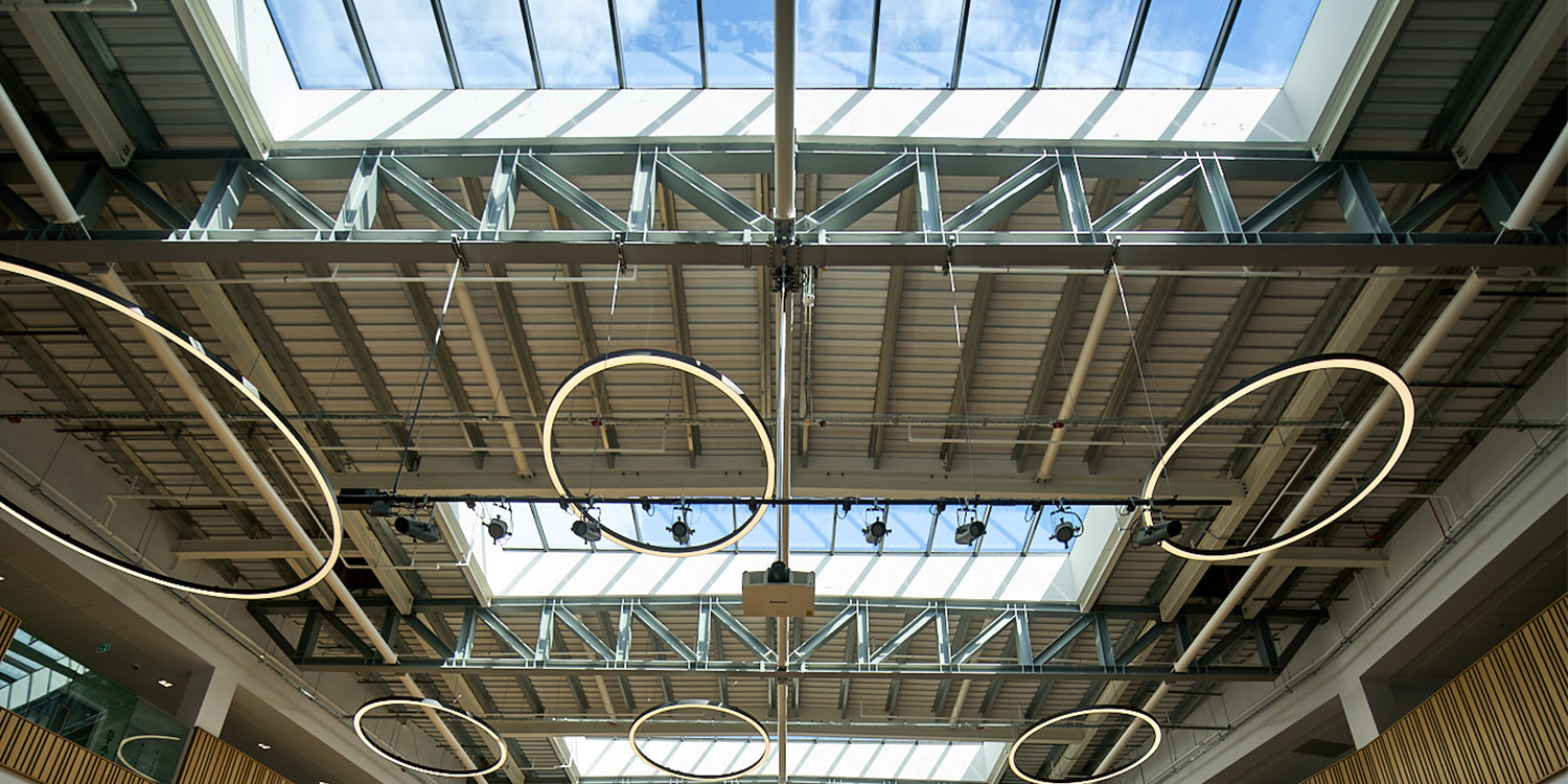 School hall with large glazed rooflights
