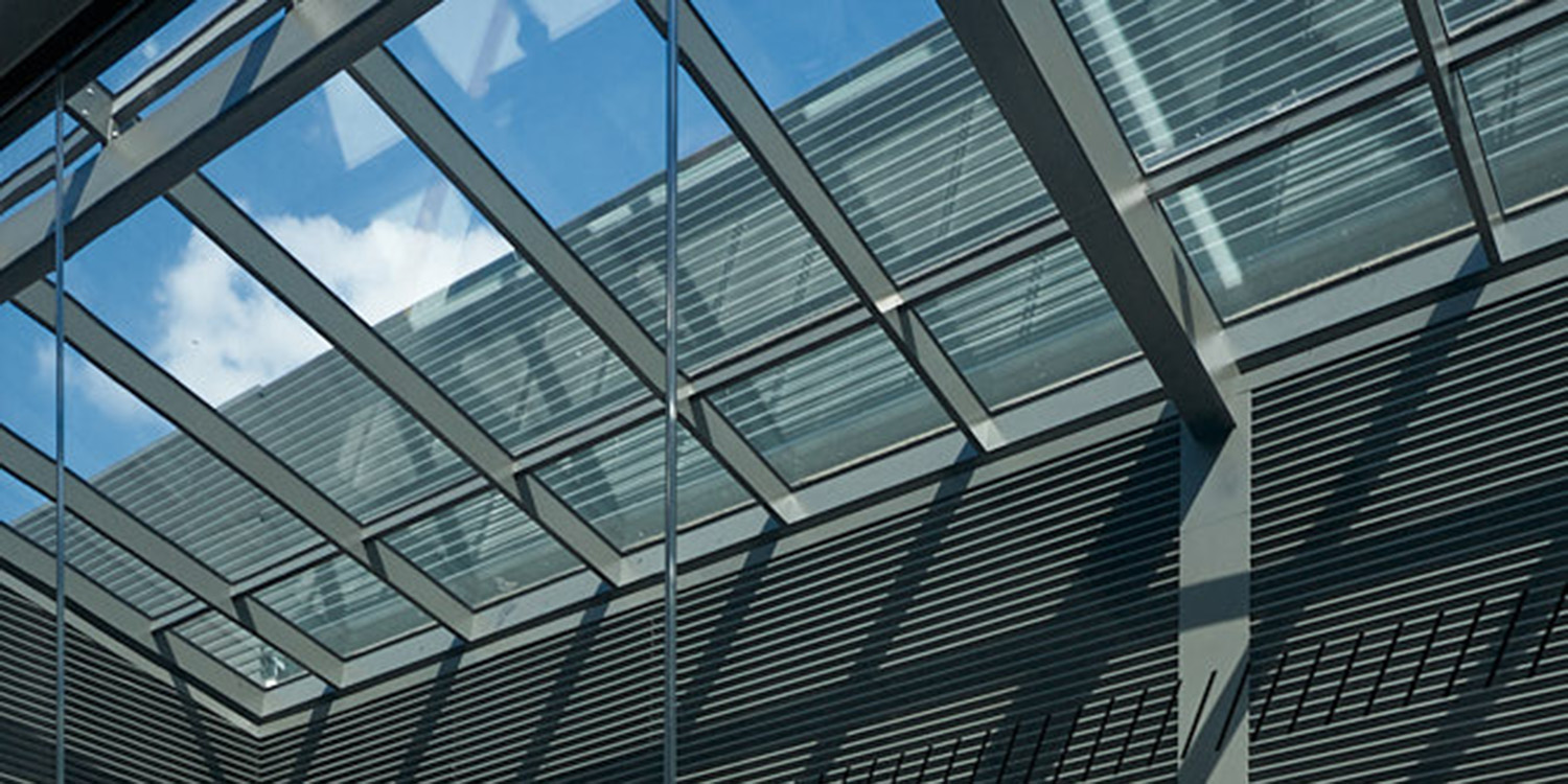 Long rooflight with glass fields looking to side of building
