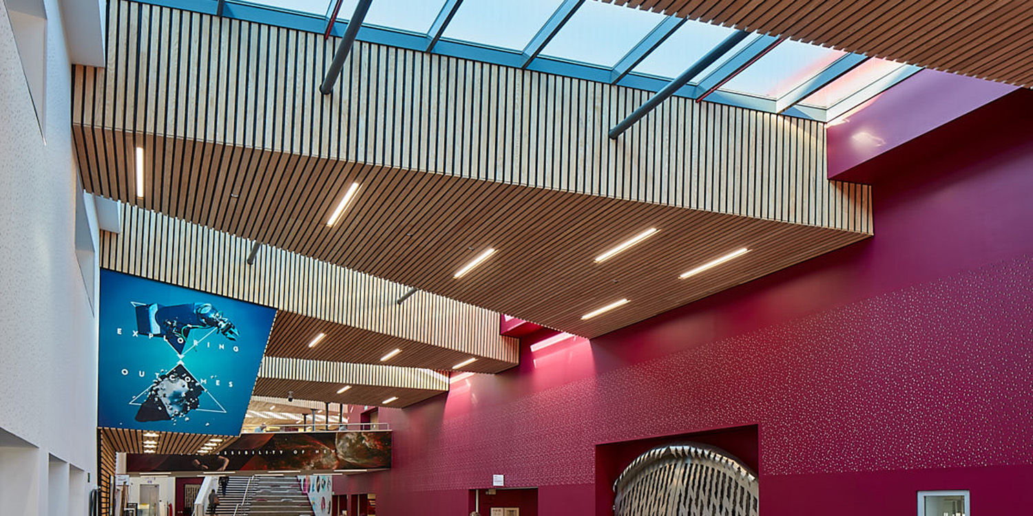 Inside a university looking up through a rooflight