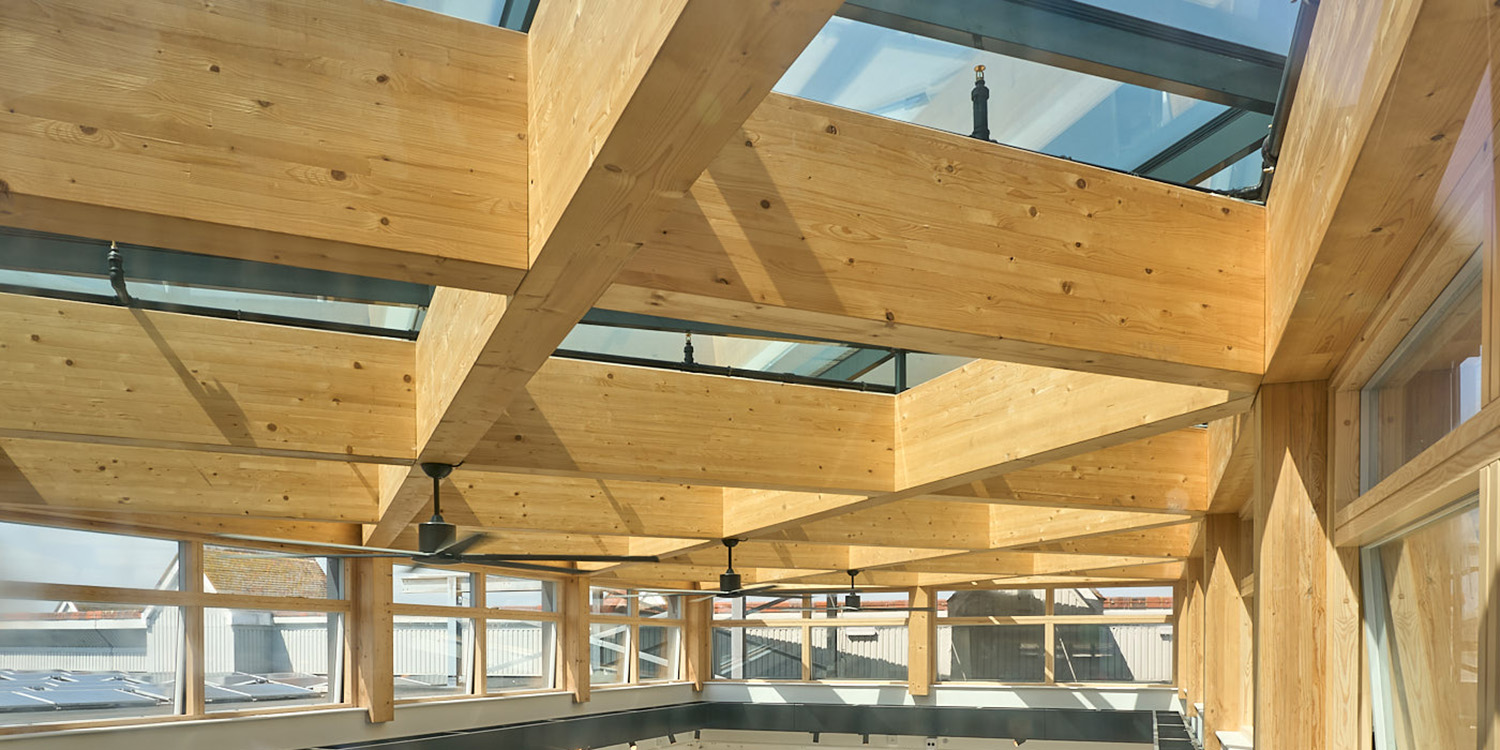 close up internal view of glulam structure below glass roof