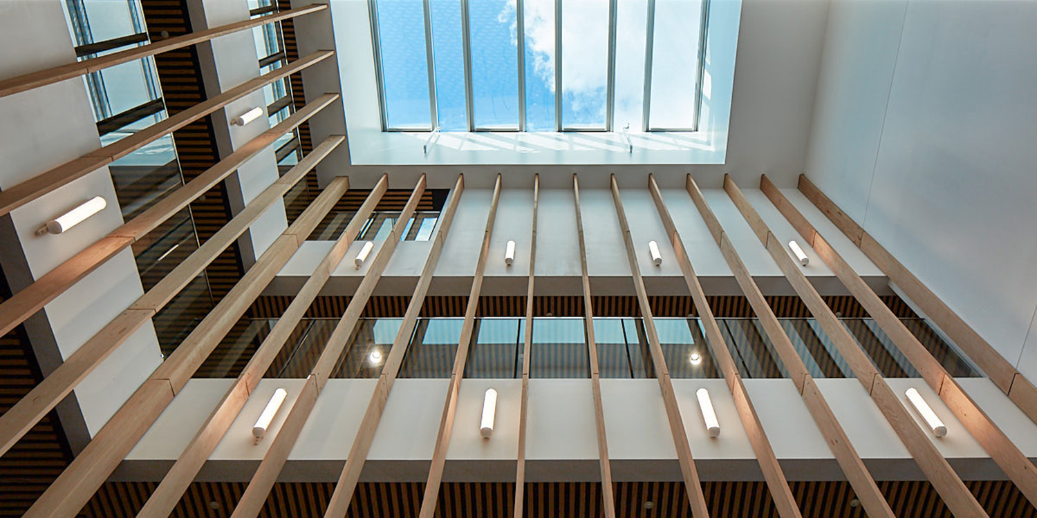 Looking up out of large glass roof system