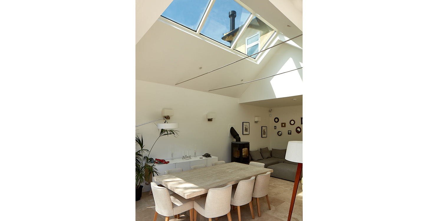kitchen extension with ridged rooflight above dining table